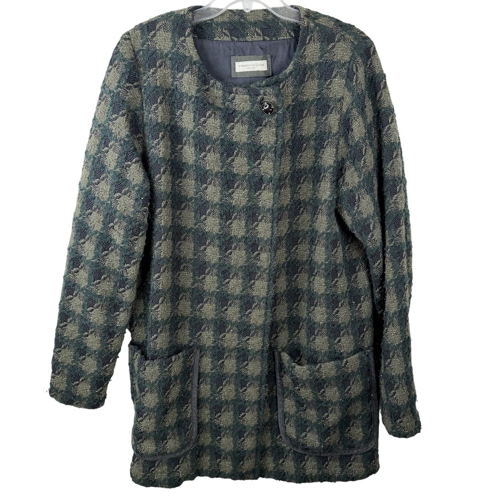 Roberto Collina VTG‎ Womens Jacket Wool Blend Green Gold Print Snaps Lined Sz M*